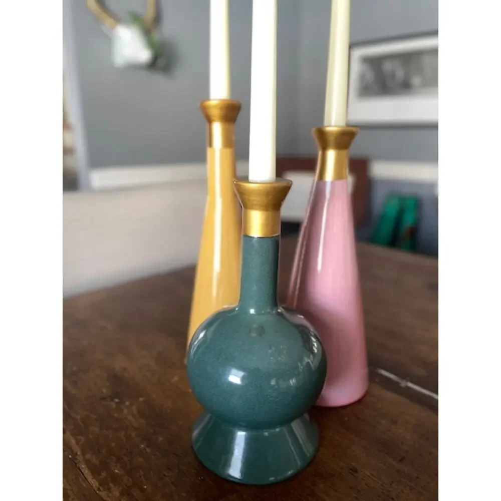 Modern Ceramic Candle Holder Set of 3 Colorful Sculptural Decor Artful Eclectic
